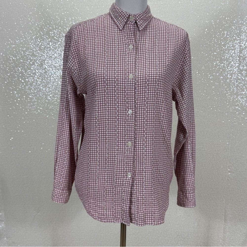 Bill Blass Pink Gingham Button Up Shirt Silver Metallic Thread Plaid Long Sleeve